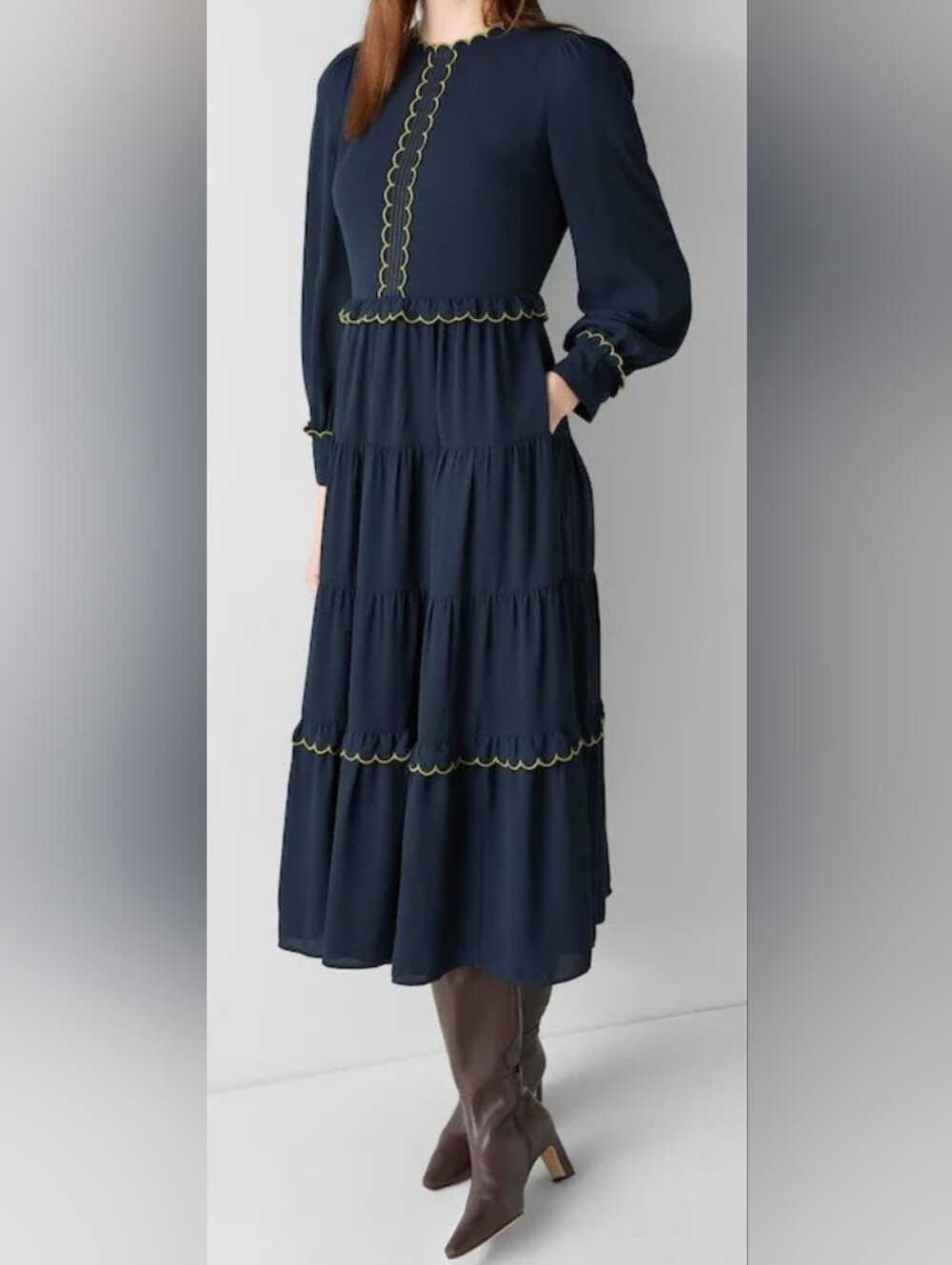 LK Bennett Carly Scallop Long Sleeve Tiered Maxi Dress